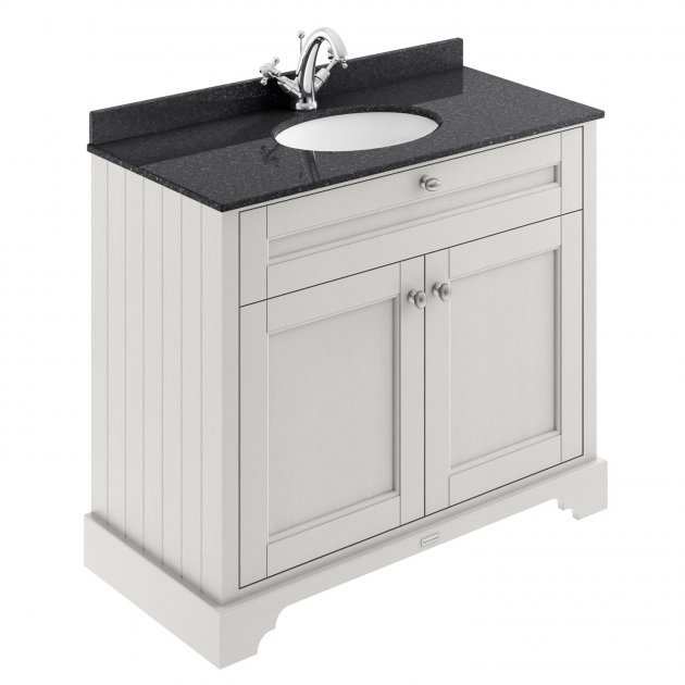 Hudson Reed Old London traditional floor standing vanity unit with timeless sand finish and black marble top basin