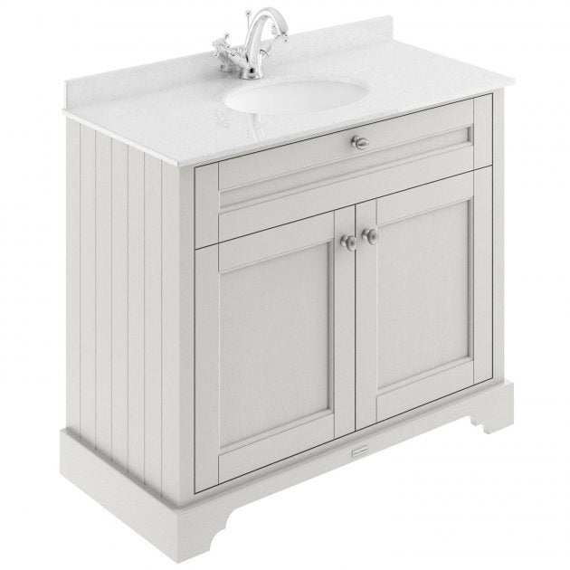 Hudson Reed Old London traditional floor standing vanity unit with white marble top basin and timeless sand finish