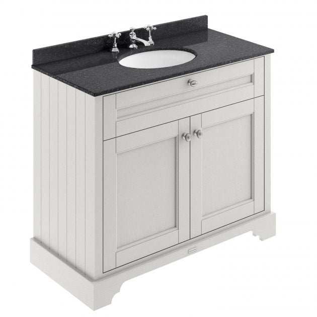 Hudson Reed Old London traditional floor standing vanity unit with black marble top basin and timeless sand finish, 1000mm wide.