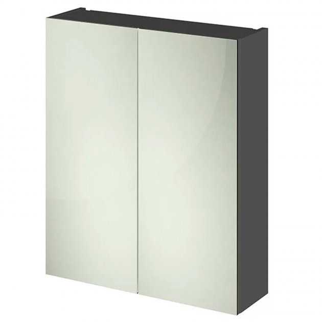 Hudson Reed Fusion line 600mm wide gloss grey modern bathroom mirror unit with 50/50 mirrored doors and storage