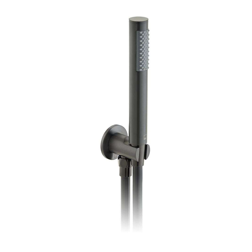 Vado Zoo brushed black single function handheld shower head with hose bracket and integrated outlet