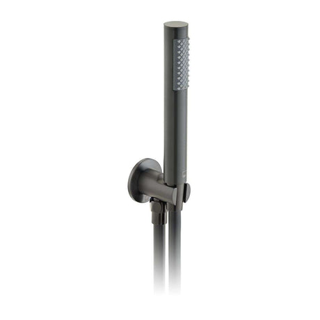 Vado Zoo brushed black single function handheld shower head with hose bracket and integrated outlet
