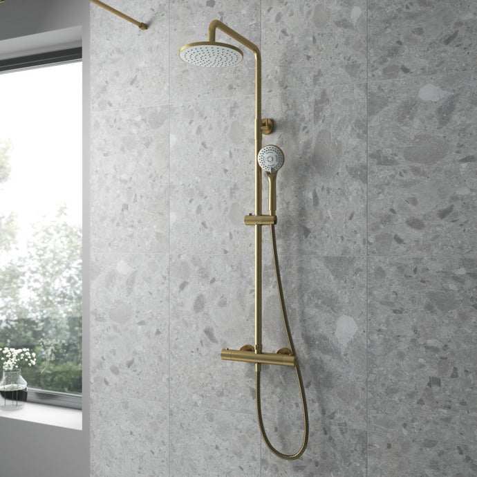 Nuie Round Fixed Head Mixer Shower with Bar Shower Kit - Brushed Brass - JTY875 - TAP 'N' SHOWER