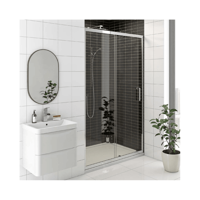 Kartell KV8 Chrome 1100mm sliding shower door with 8mm glass in modern bathroom setting