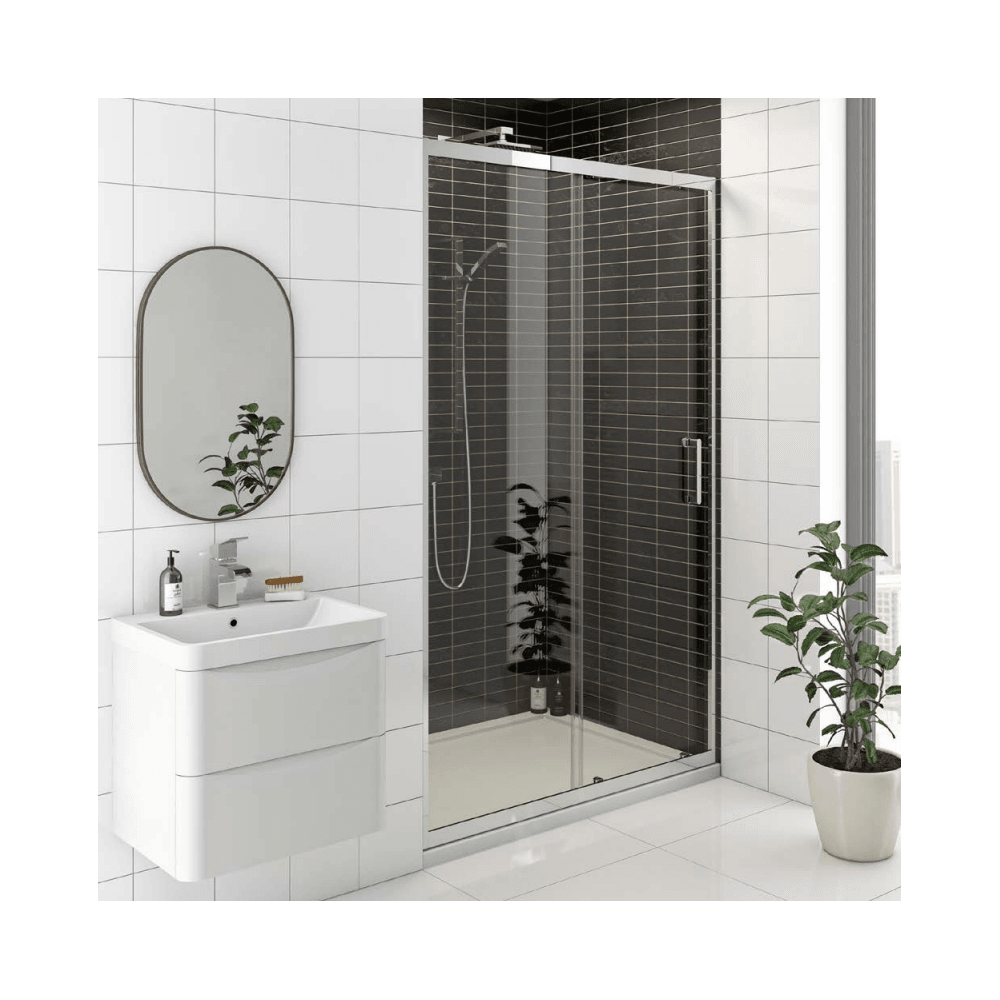 Kartell KV8 Chrome 1400mm sliding shower door with 8mm glass in modern bathroom setting