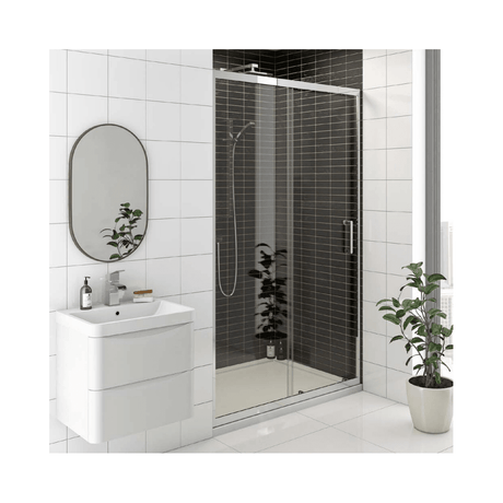 Kartell KV8 Chrome 1600mm sliding shower door with 8mm glass in modern bathroom setting