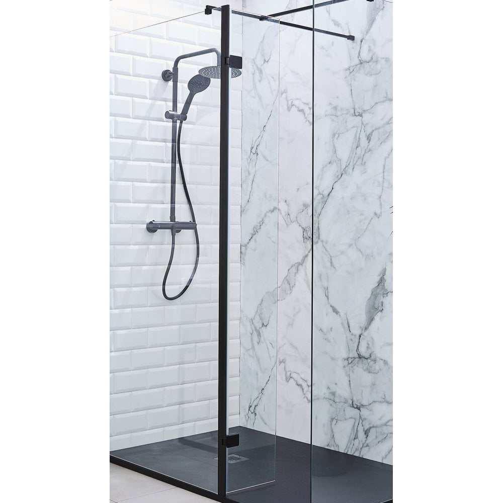 Kartell Nero 300mm black hinged wet room return panel with 8mm glass in modern bathroom setting