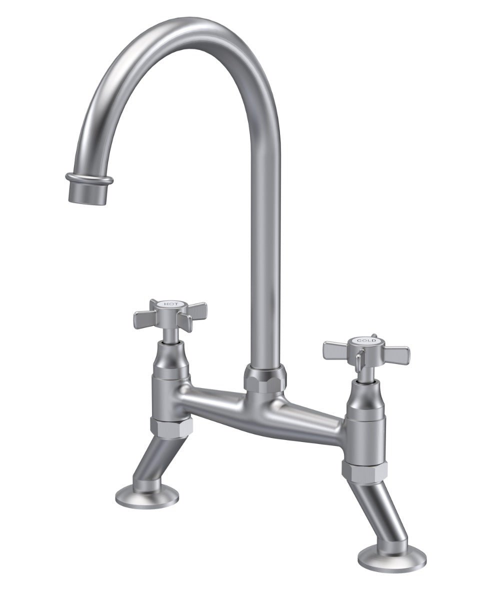 Launde Abbey Crosshead Handle Bridge Kitchen Sink Mixer Tap - Brushed Nickel - TAP 'N' SHOWER
