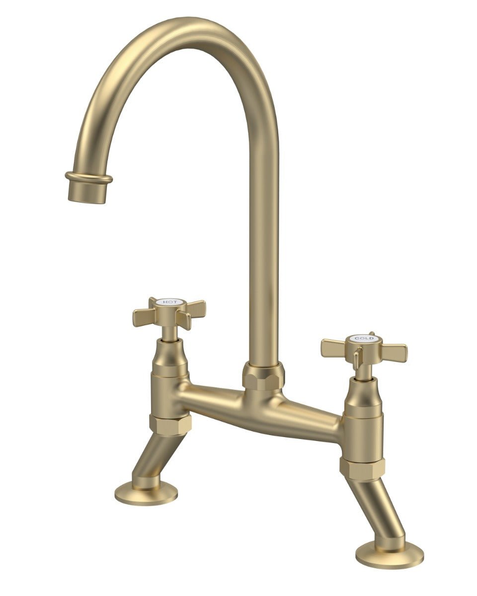 Launde Abbey 1Tap Hole Crosshead Handle Bridge Kitchen Sink Mixer Tap - Brushed Brass - TAP 'N' SHOWER
