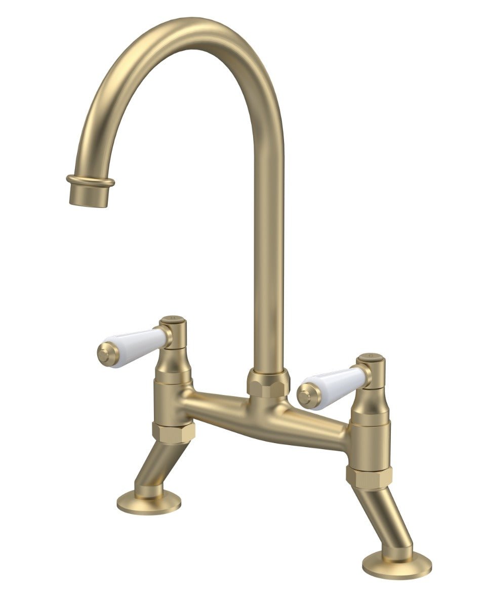 Launde Abbey Lever Handle Bridge Kitchen Sink Mixer Tap - Brushed Brass - TAP 'N' SHOWER
