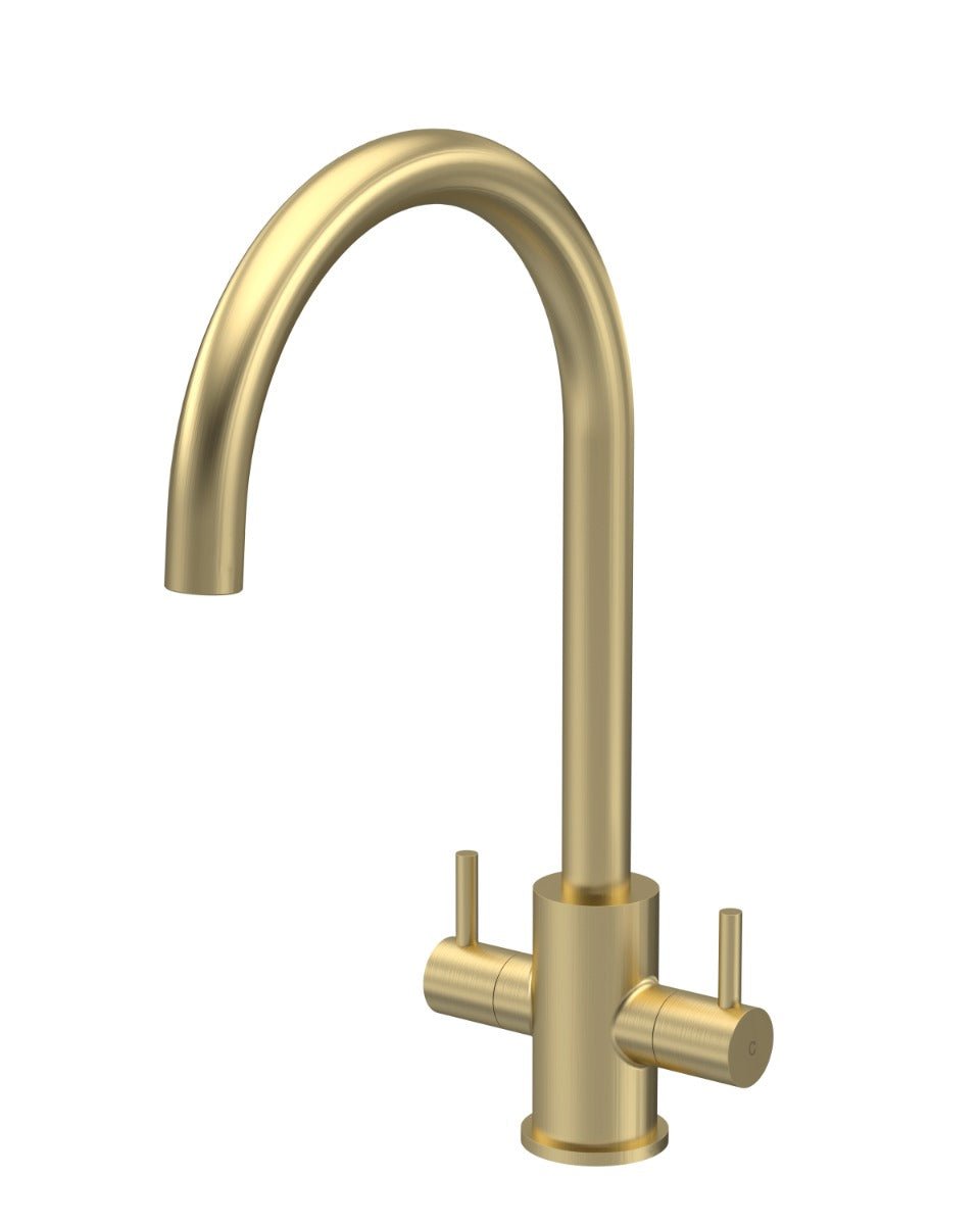 Launde Abbey Dual Lever Handle Mono Kitchen Mixer Tap - Brushed Brass - TAP 'N' SHOWER