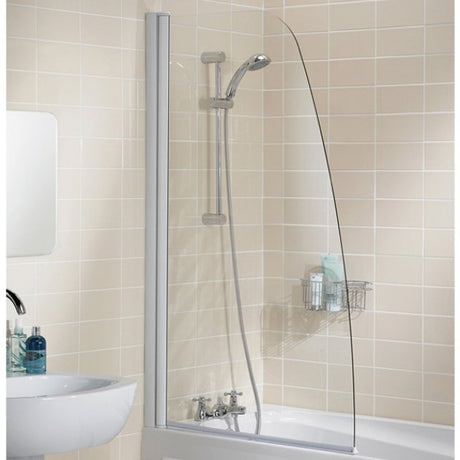 Lakes Classic Sculpted 860mm x 1400mm Hinged Silver Frame Bath Screen - 6mm Clear Glass - SS30S - TAP 'N' SHOWER