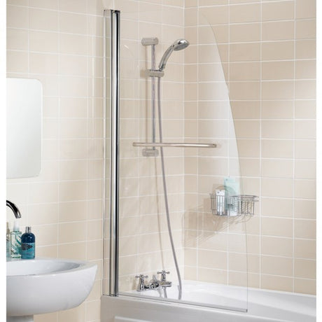 Lakes Classic Sculpted 860mm x 1400mm Hinged Bath Screen with Towel Rail Silver Frame - 6mm Clear Glass - SS33S - TAP 'N' SHOWER