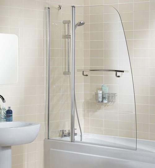 Lakes Classic Sculpted 1200mm x 1400mm Double Panel Hinged Silver Frame Bath Screen with Towel Rail - 6mm Clear Glass - SS44S - TAP 'N' SHOWER