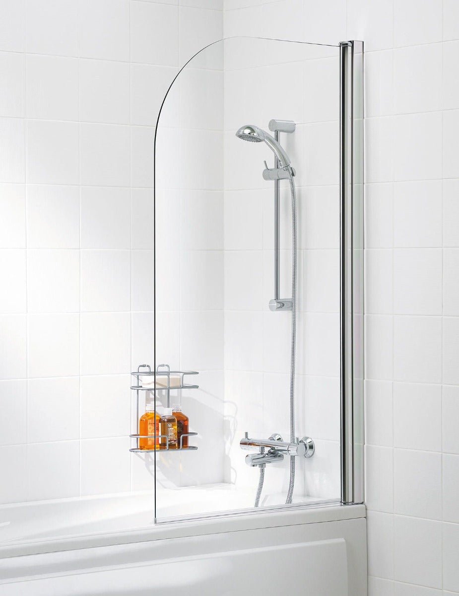 Lakes Classic Curved 800mm x 1400mm Hinged Bath Screen Silver Frame - 6mm Clear Glass - SS10W - TAP 'N' SHOWER
