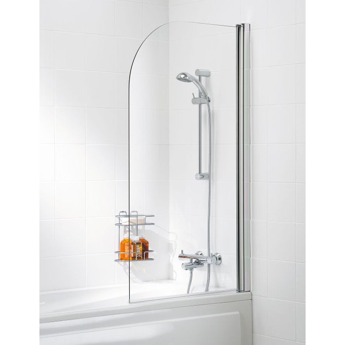 Lakes Classic Curved 800mm x 1400mm Hinged Bath Screen Silver Frame - 6mm Clear Glass - BS810S - TAP 'N' SHOWER