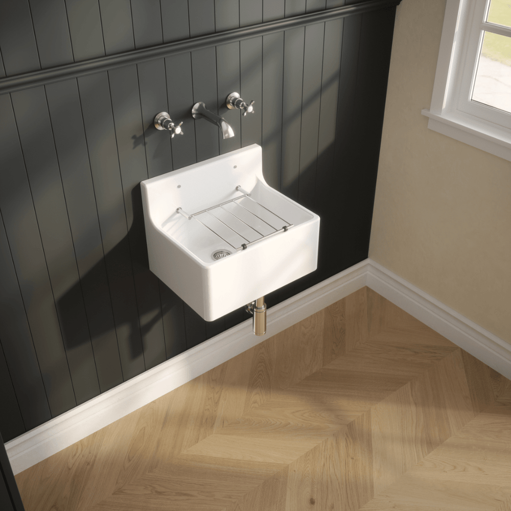 Launde Abbey Fireclay Cleaner Sink with Grid 455mm x 362mm x 396mm - White - TAP 'N' SHOWER