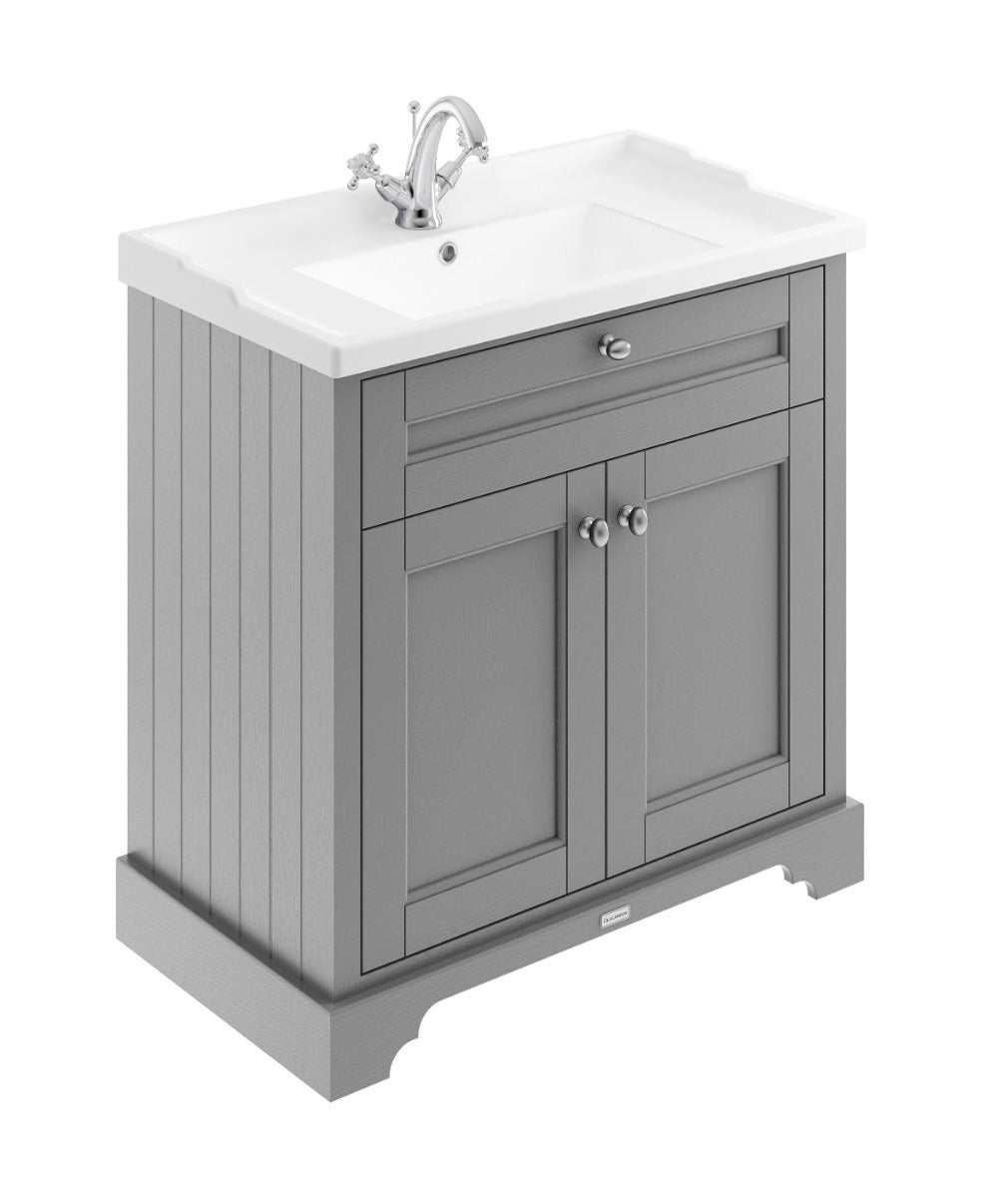 Hudson Reed Old London traditional storm grey floor standing vanity unit with 800mm white basin and storage cabinet