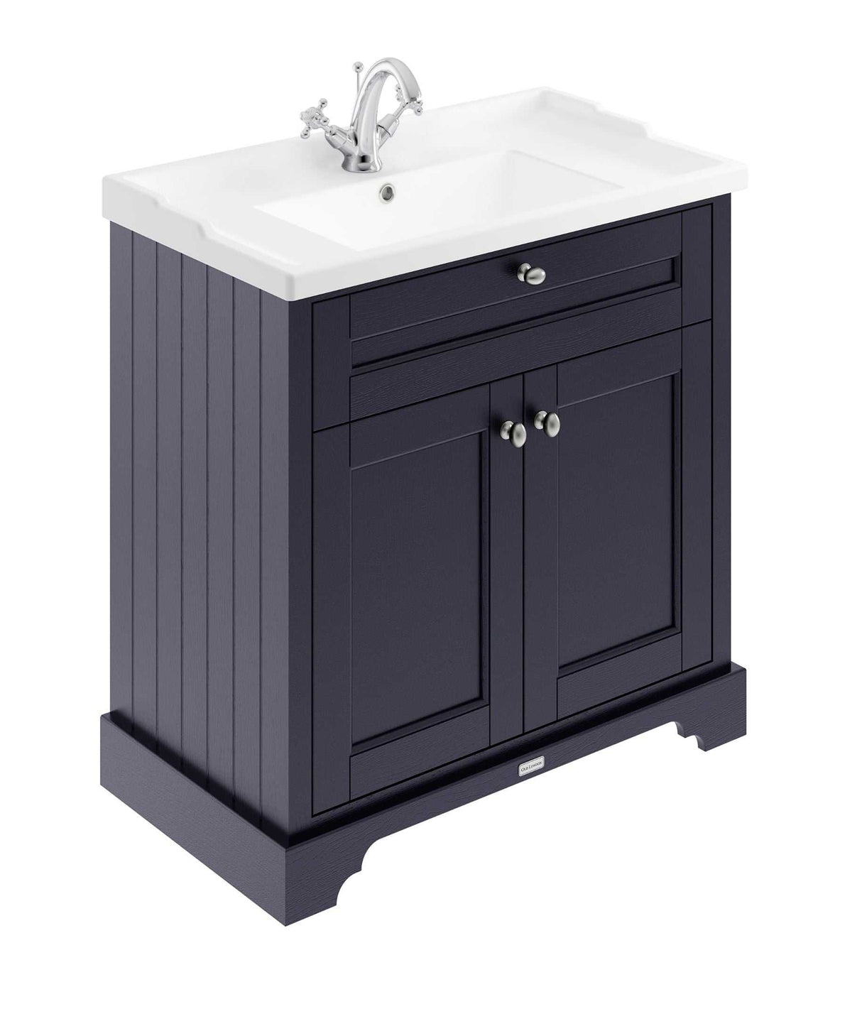 Hudson Reed Old London floor standing vanity unit in twilight blue with rectangular 1TH basin and soft close doors, 800mm wide