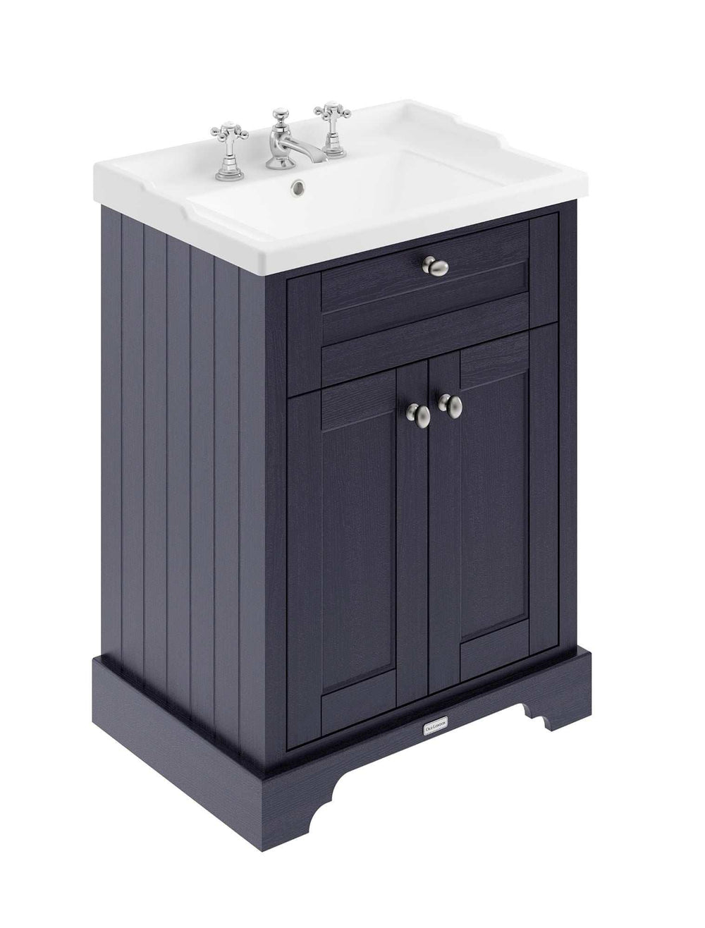 Hudson Reed Old London 600mm wide Twilight Blue floor standing vanity unit with white ceramic rectangular 3TH basin and chrome taps