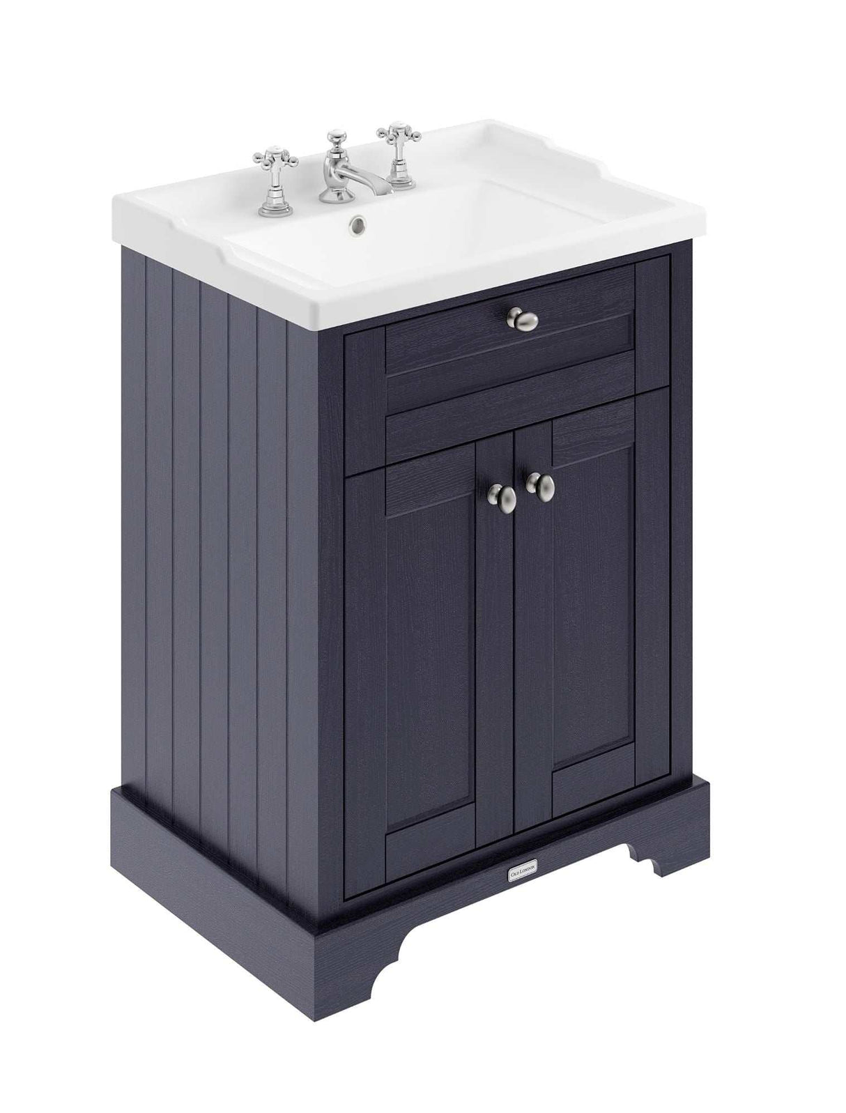 Hudson Reed Old London 600mm wide Twilight Blue floor standing vanity unit with white ceramic rectangular 3TH basin and chrome taps