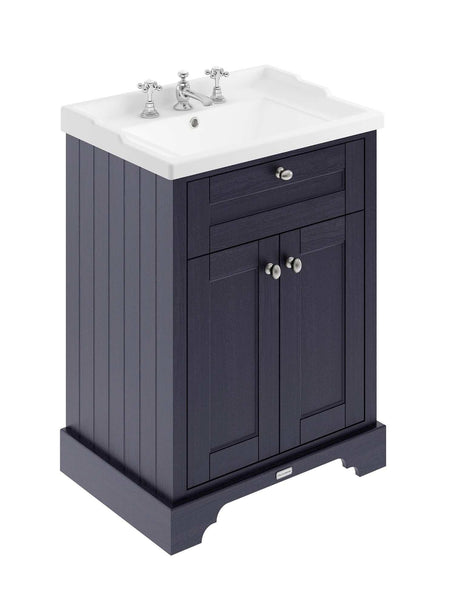 Hudson Reed Old London 600mm wide Twilight Blue floor standing vanity unit with white ceramic rectangular 3TH basin and chrome taps