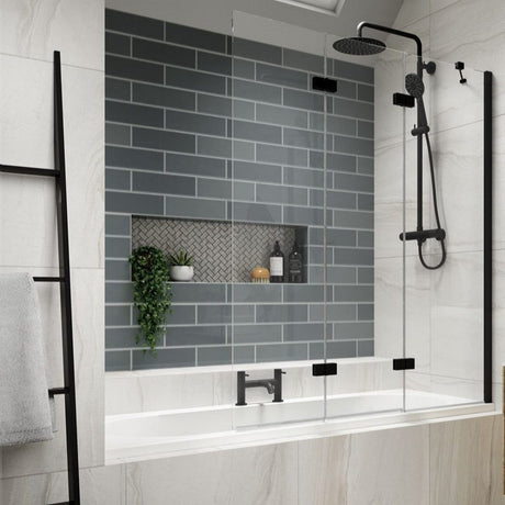 Kudos Inspire Right Three Panel Infold Bath Screen RH 1250mm - Matt Black - 4BASCTRIPRHSMBK - TAP 'N' SHOWER