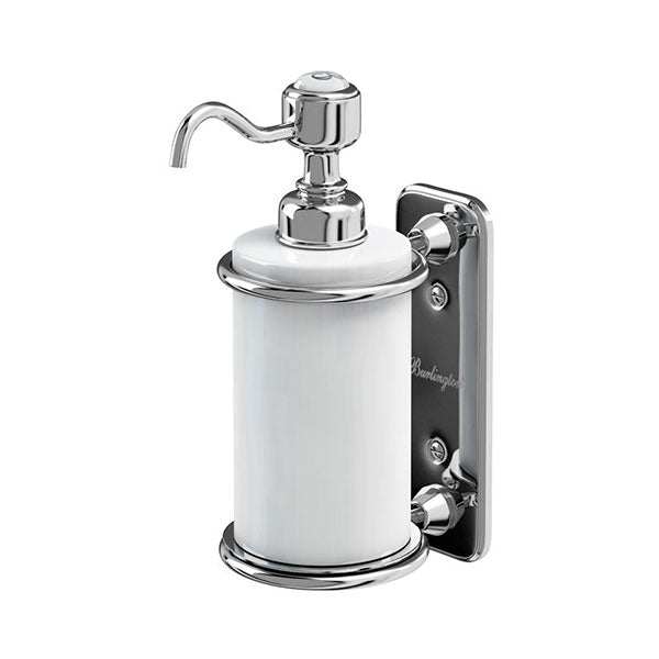 Wall mounted single soap dispenser in white and chrome with traditional design and durable construction