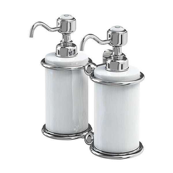 White and chrome traditional wall mounted double soap dispenser with dual pumps for soap and lotion