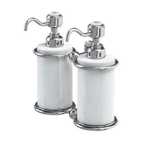 White and chrome traditional wall mounted double soap dispenser with dual pumps for soap and lotion