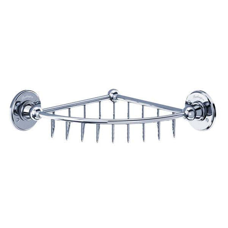 Wall mounted chrome corner wire basket for bathroom storage with traditional design and durable finish