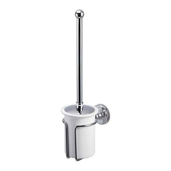 Wall mounted white and chrome toilet brush and holder with durable construction and elegant design