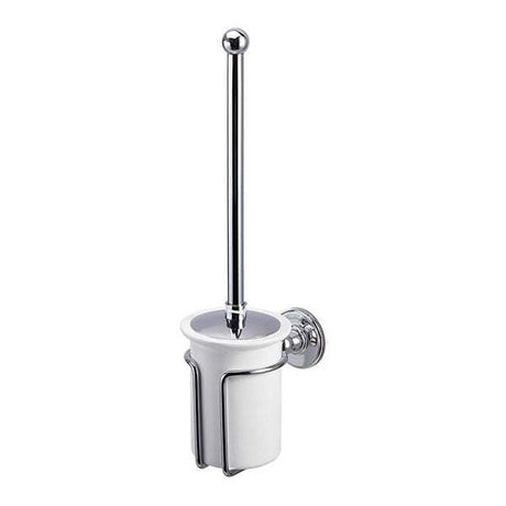 Wall mounted white and chrome toilet brush and holder with durable construction and elegant design