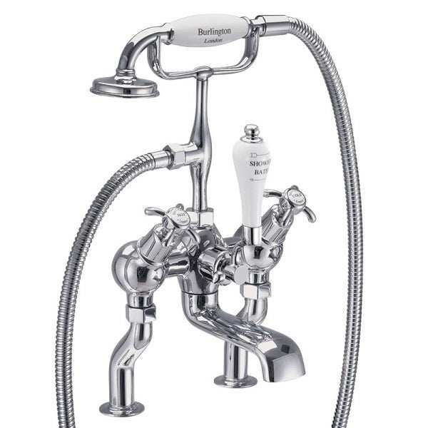 Burlington Anglesey Traditional chrome pillar mounted angled bath shower mixer tap with vintage design and handheld showerhead