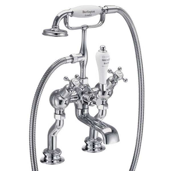 Burlington Claremont Regent traditional chrome pillar mounted angled bath shower mixer tap with lever handles and diverter.