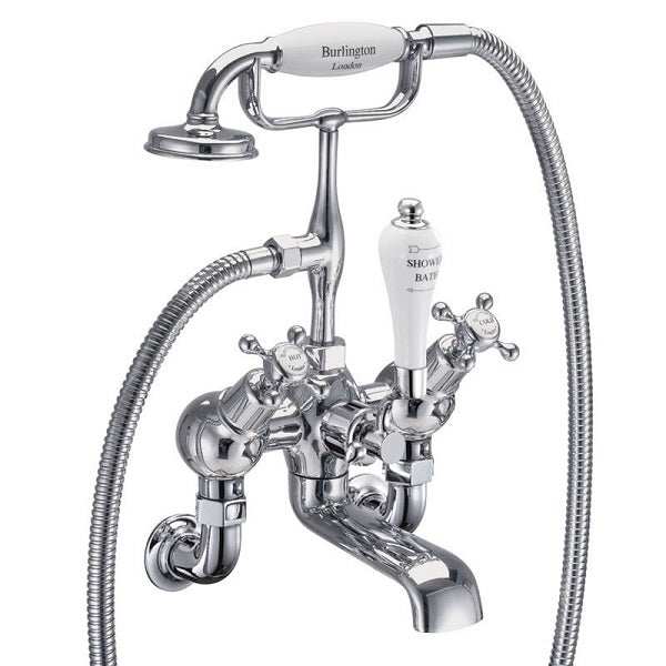 Burlington Claremont wall-mounted angled bath shower mixer in chrome with handheld showerhead and classic design