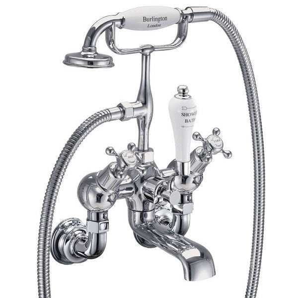 Burlington Claremont Regent traditional chrome wall-mounted angled bath shower mixer tap with ceramic disc technology and vintage-style handles