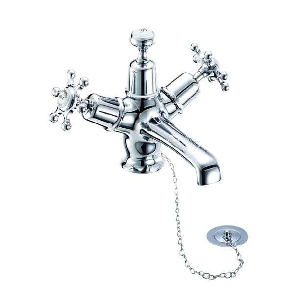 Burlington Birkenhead Monobloc Basin Mixer in chrome with traditional design, plug, and chain waste