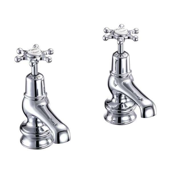 Pair of Burlington Birkenhead Regent traditional chrome short spout basin taps with classic cross handles and vintage design