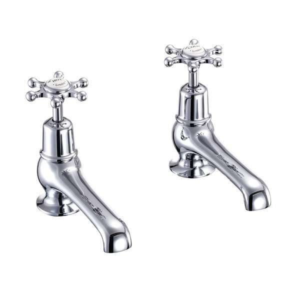 Pair of Burlington Birkenhead Traditional long spout basin taps in chrome finish with cross handles.