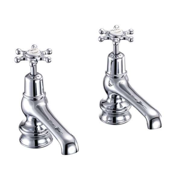 Pair of Burlington Birkenhead Regent traditional chrome long spout basin taps with vintage design and ceramic disc cartridges