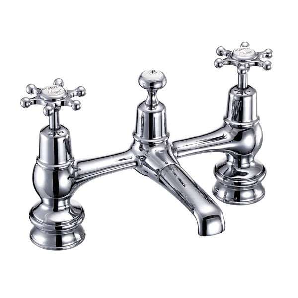 Burlington Birkenhead Regent 2-hole chrome dual handle traditional bridge basin mixer tap with swivel spout and plug chain