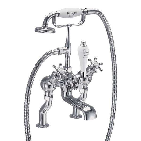 Burlington Birkenhead traditional chrome pillar mounted angled bath shower mixer tap with classic Birkenhead-style handles and durable brass construction