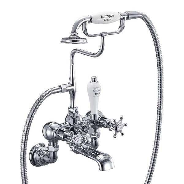 Burlington Birkenhead Regent traditional chrome wall mounted bath shower mixer tap with ceramic lever handle and vintage design