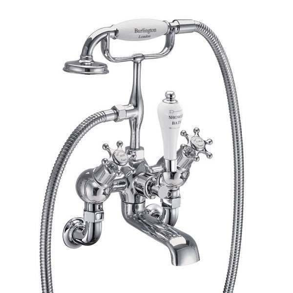 Burlington Birkenhead wall mounted angled bath shower mixer in chrome with traditional design, ceramic disc technology, and adjustable handset.