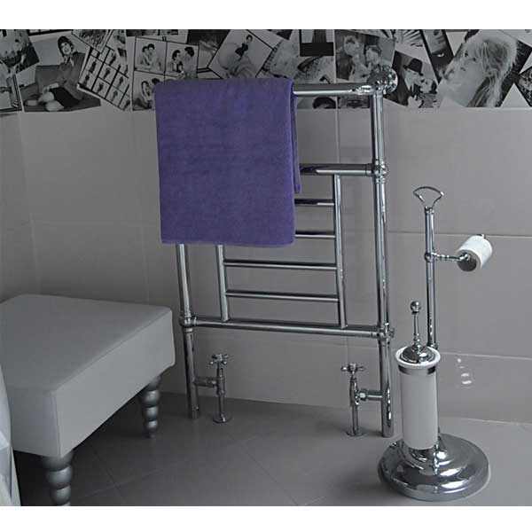 Burlington Vincent 950mm high chrome heated towel rail with purple towel in modern bathroom setting