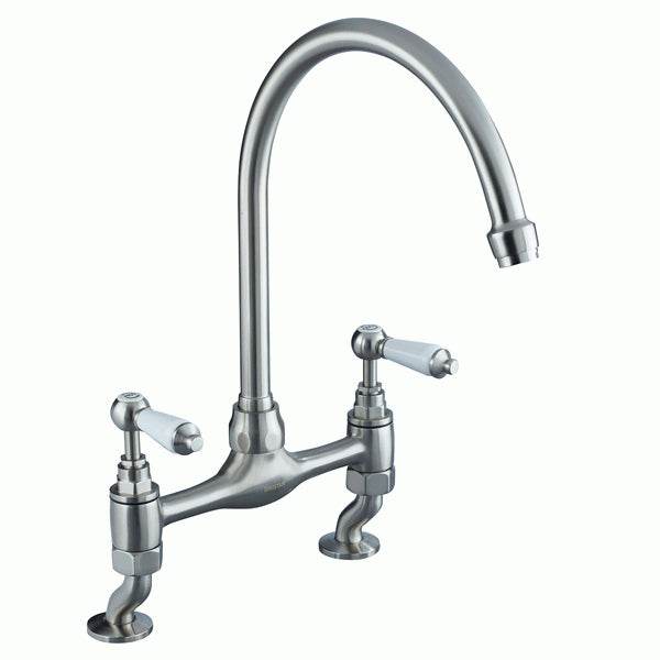 Bristan Renaissance Dual Handle Bridge Kitchen Sink Mixer Tap in brushed nickel finish with classic bridge design and dual handles for precise water control