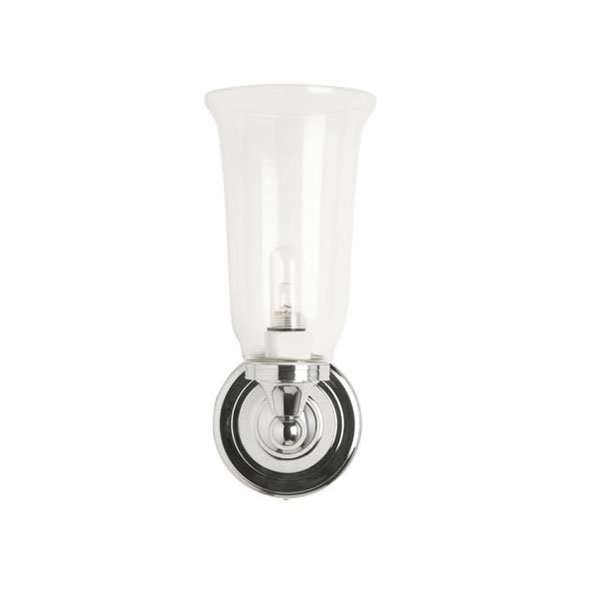 Burlington 300mm high chrome and clear glass round bathroom wall light with nickel brass base