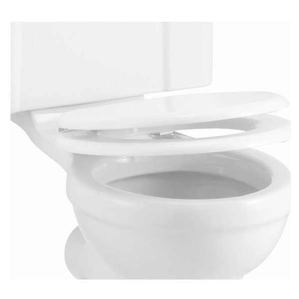 Burlington Standard White carbamide toilet seat with soft close hinges on a white toilet bowl
