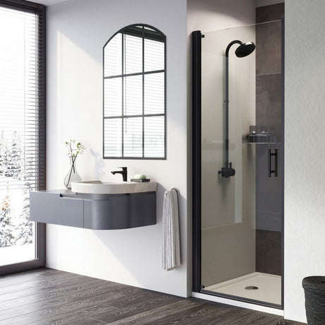 Roman Innov8 Alcove Pivot Shower Door 900mm - Matt Black - N2F913B - TAP 'N' SHOWER